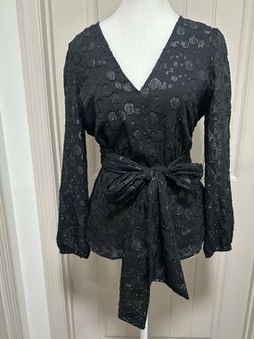 J. Crew Black Wrap Blouse with Textured Dot Pattern